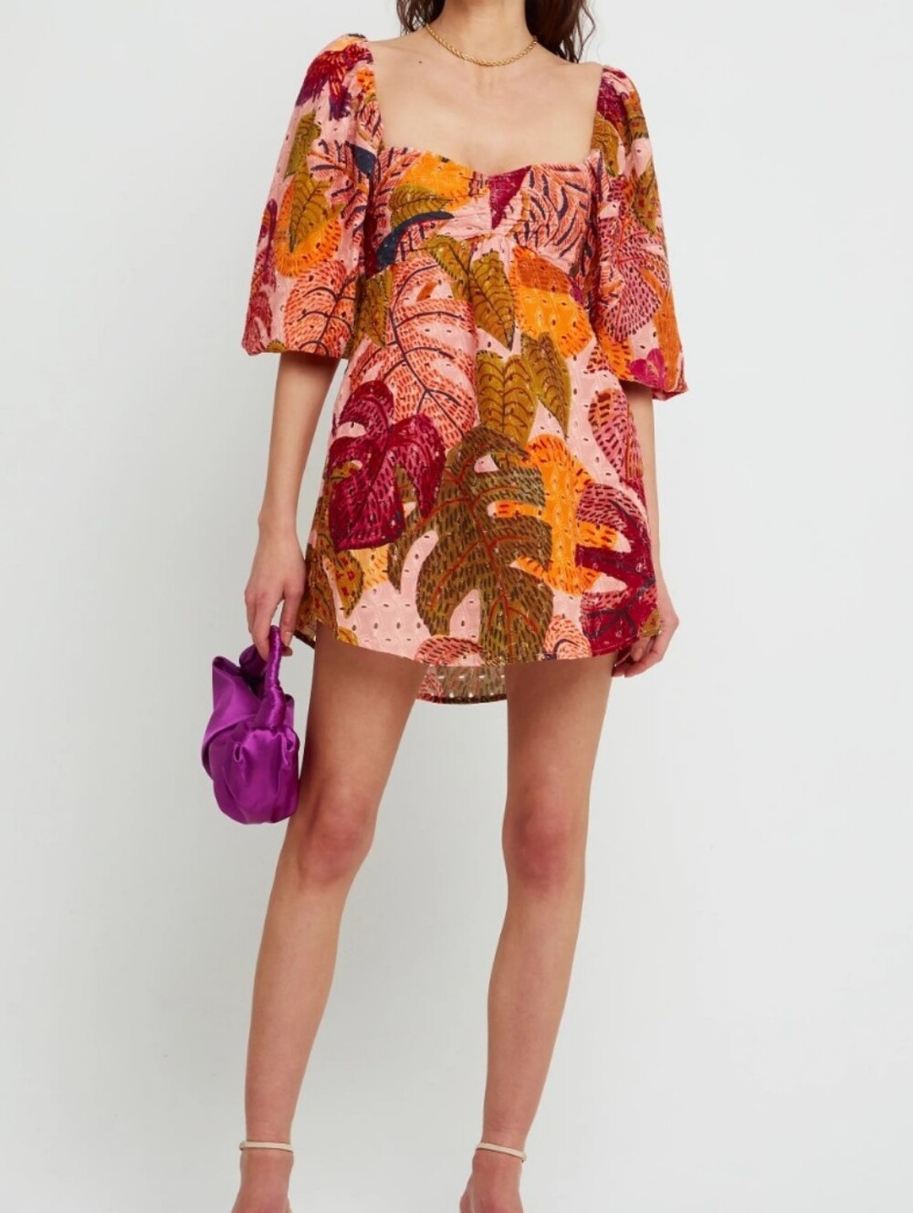 Square-Neck Puff-Sleeve Mini Dress in Pink and Orange Floral